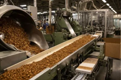 Cigarette manufacturing machine processing tobacco with controlled humidification on industrial production line